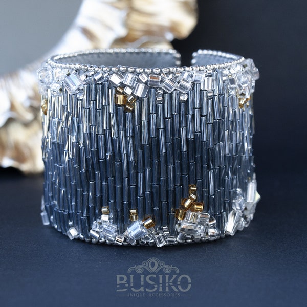 Statement beaded cuff bracelet. Elegant bead embroidered accessory. Big bracelet with silver and gold crystal druse. High fashion jewelry.