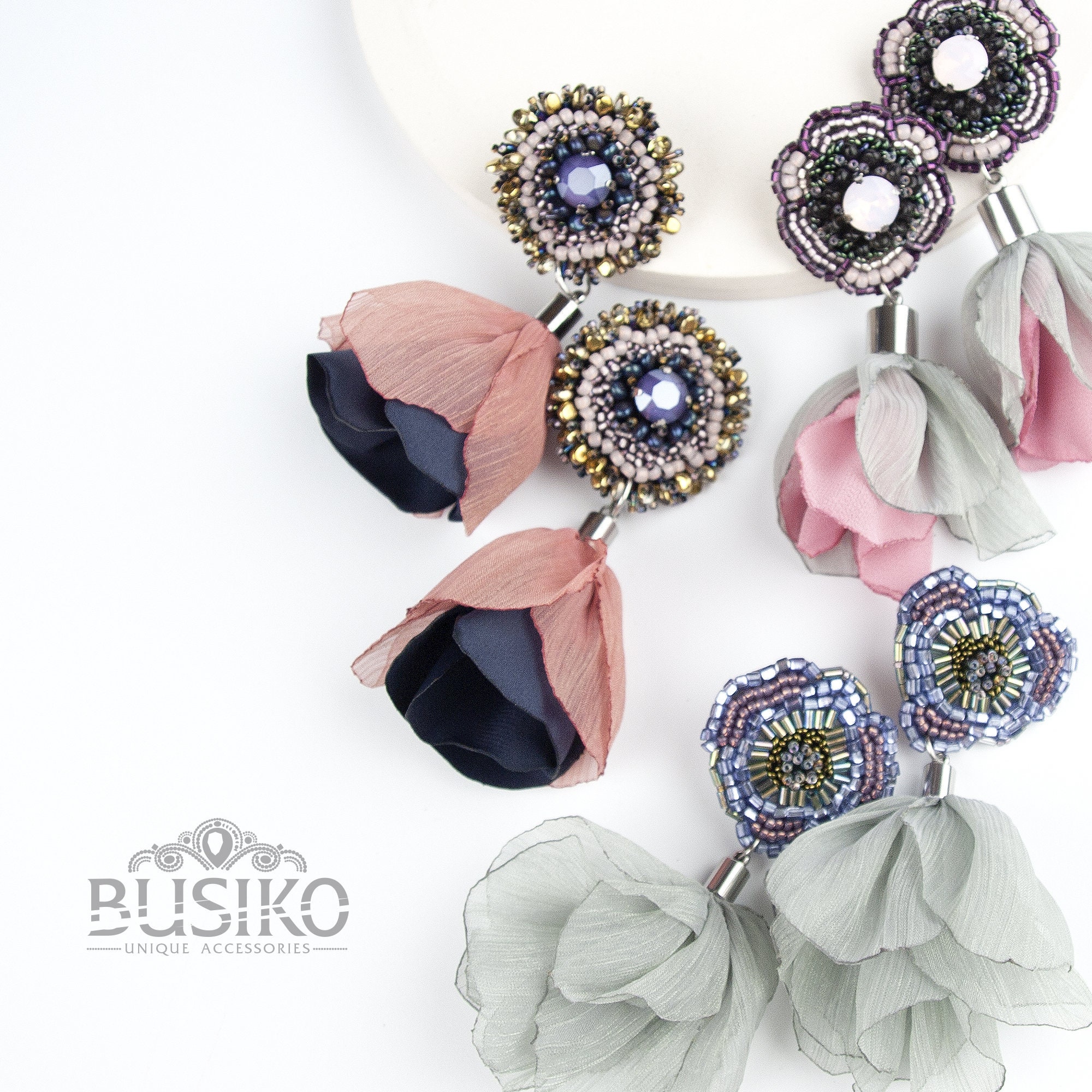 Silk Flower Earrings. Purple & Gold Beaded Earrings. Pink Etsy