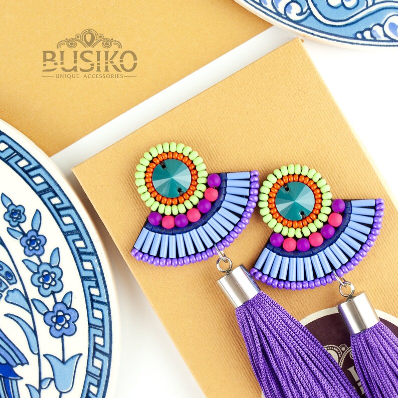 Colorful bead tassels earrings Beaded embroidered fringe Etsy