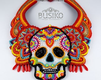 Bright Mexican Sugar Skull Bib Necklace. Mexican Party Necklace. Colorful beaded embroidered Sugar Skull /// Make to order///