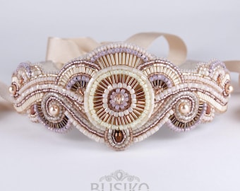 Art Deco bridal belt. Women headpiece vintage style. Beige pink bead embroidered belt. Gatsby Wedding belt. Gatsby headband Art Deco Wedding