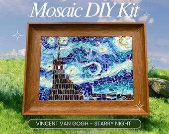 May include: A mosaic DIY kit featuring a framed artwork of Van Gogh's "Starry Night." The mosaic is composed of blue, white, and gold tiles, set against a wooden frame. The kit includes all materials and is labeled "RANDOMRABBIT WORKSHOP."