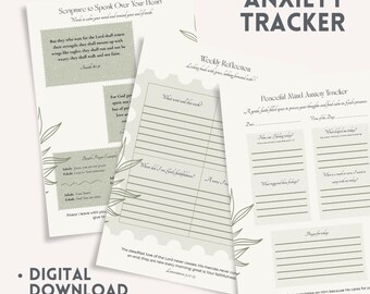 May include: Anxiety tracker printable with text "Scripture to Speak Over Your Heart" and "Weekly Reflection". The pages have a floral design and the words "Digital Download Printable".