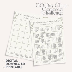 Könnte beinhalten: Ein digitaler Ausdruck für eine 30-Tage-Christus-zentrierte Selbstpflege-Herausforderung. Das Design umfasst ein Raster zur Verfolgung täglicher Aktivitäten mit Aufforderungen zu Gebet, Reflexion und Dankbarkeit. Der Text enthält die Wörter "Digitaler Download" und "Druckbar".