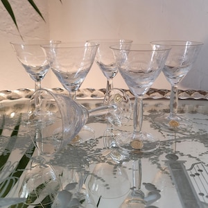 Vintage Engraved Crystal Liqueur Glasses Set of Vintage Glasses Clear Glass Matching Short Glasses Valdes Crystal