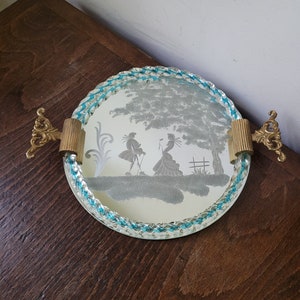 Original Art Deco Murano Mirror Tray with Handles Antique Serving Tray Vanity Mirror Tray Blue