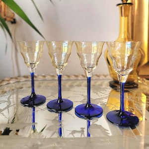 Murano Set of 4 Liquor  Glasses Crystal Goblets Amber Blu Vintage Liquor Glasses Shot Flutes Antique Murano Glasses