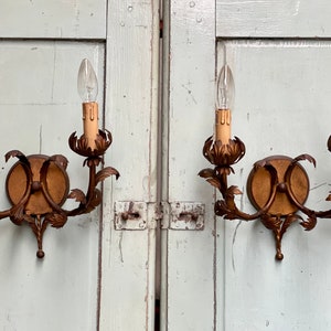 Antique Gold Tole Wall Sconces Gilded Tole Wall Lights Hollywood Regency Gilt Metal Wall Sconces Florentine Sconces Imperial Style Lights