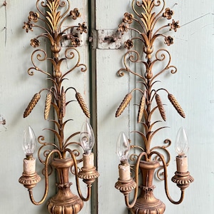 Antique Gold Tole Wall Sconces Gilded Tole Wall Lights Hollywood Regency Gilt Metal Wall Sconces Florentine Sconces Wall Lights