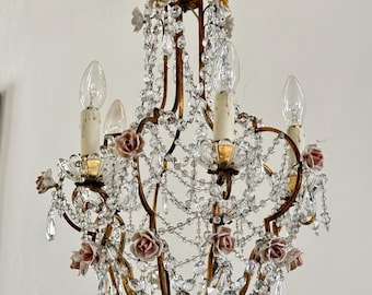Antique Italian Gold Tole Chandelier Gilded Ceiling Light Antique Chandelier with Crystal Drops Florentine Chandelier Crystal Chandelier