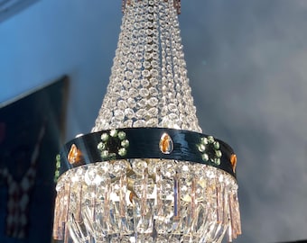 Grand lustre italien antique en bronze, plafonnier en laiton argenté, lustre antique avec gouttes de cristal lustre florentin