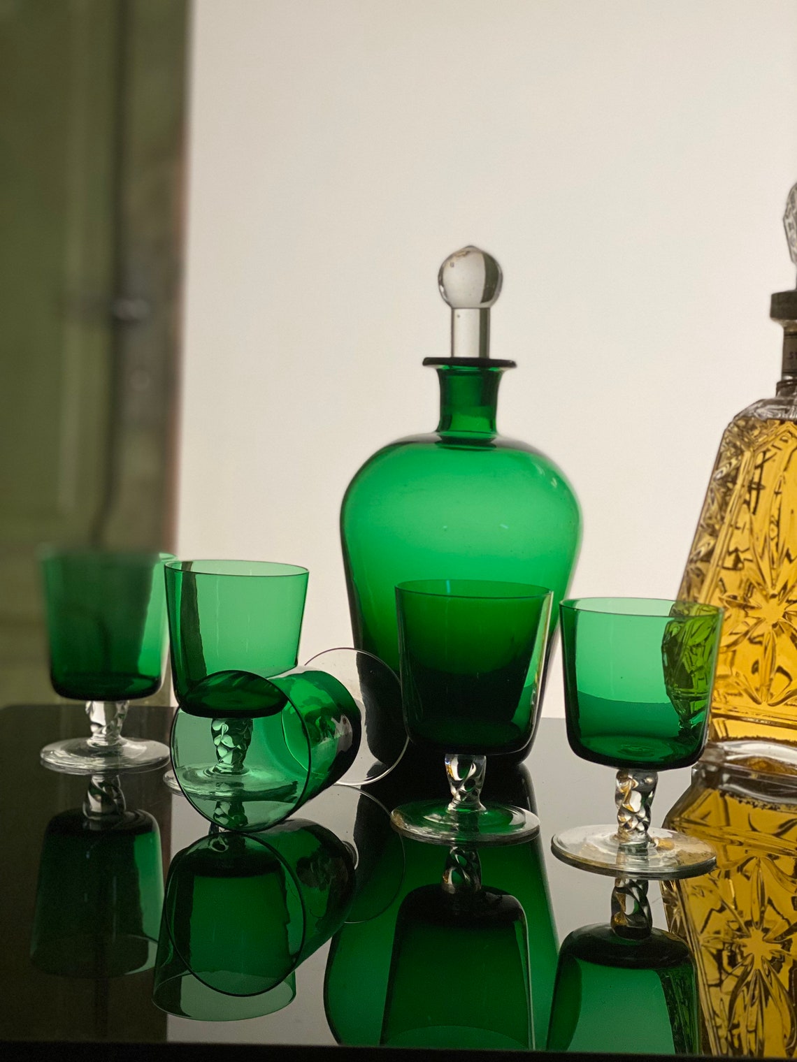 Vintage Green Murano Decanter Set Crystal Liqueur Glasses Etsy