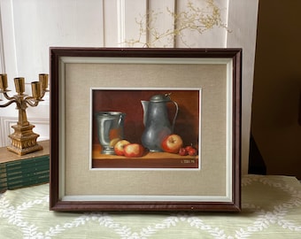 ヴィンテージ木製モザイク画：青い花瓶のある静物画、1960年代の