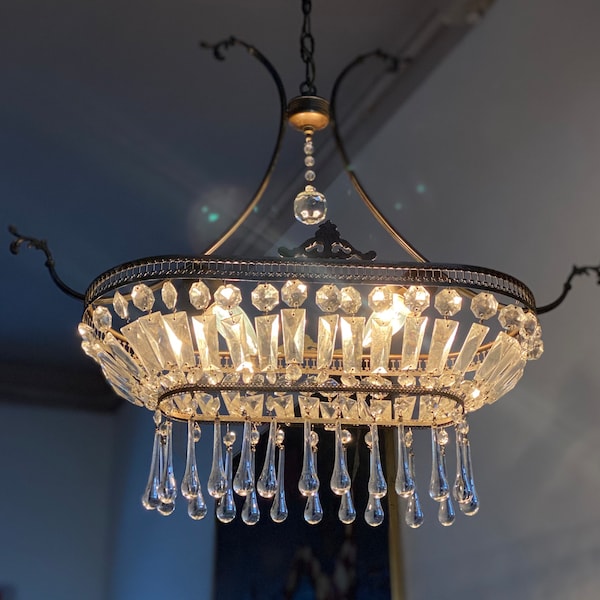Antique Italian Tole Chandelier with Crystal Empire Style Ceiling Light Antique Chandelier with Crystal Drops Balloon Chandelier