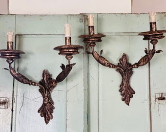 Antique Tole Wall Sconces Metal Wall Sconces Carved Wood Wall Lights  Florentine Lights Pair Sconces