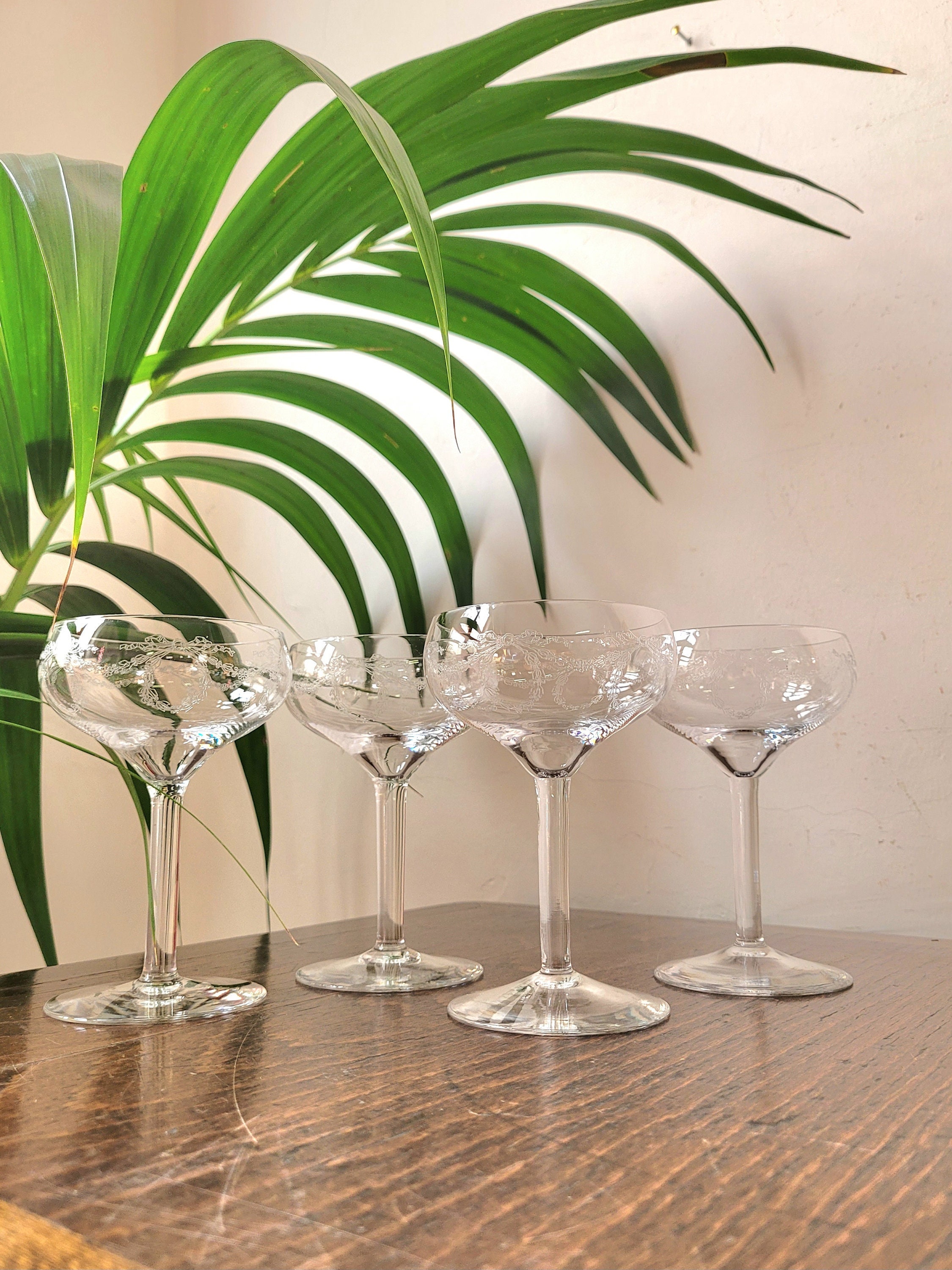 Antique Engraved Crystal Champagne Coupes Etches Champagne Glasses