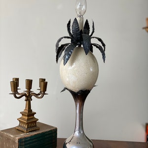 Antique Italian Sterling Silver Table Lamp with Ostrich Egg Hollywood regency Light Vintage Table lamp