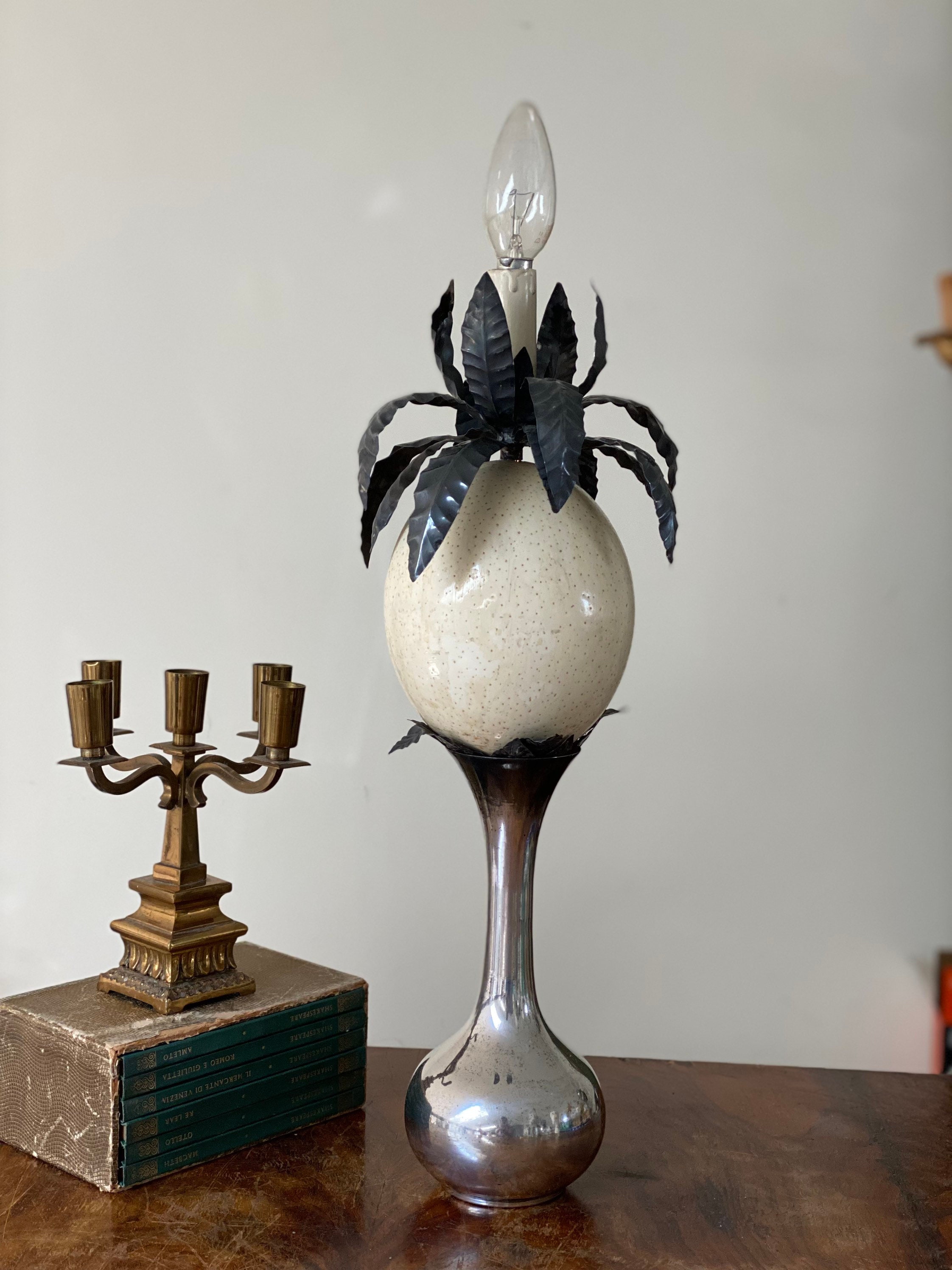 Antique Italian Sterling Silver Table Lamp with Ostrich Egg Hollywood regency Light Vintage Table lamp