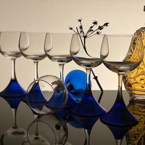 Italian Vintage Crystal Wine or Water glasses with Blue Stem Goblets Modern Barware Drinking Glasses Colored Glasses