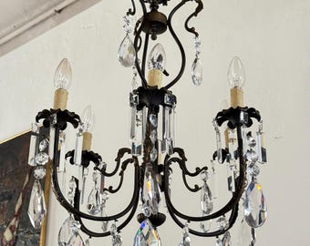 Antique Italian Gold Brass Ceiling Light Antique Chandelier with Crystal Drops Florentine Chandelier