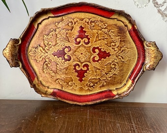 Large Florentine Tray Wood Tray Vintage Serving Tray Red and Gold Pattern Made un Italy Shabby chic decor