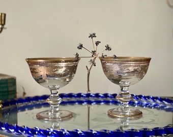 Vintage Large Murano Cocktail Copes Champagne Coupes Murano Copas con borde dorado Set de 2 copas de champán Postre Coupe Barware antiguo