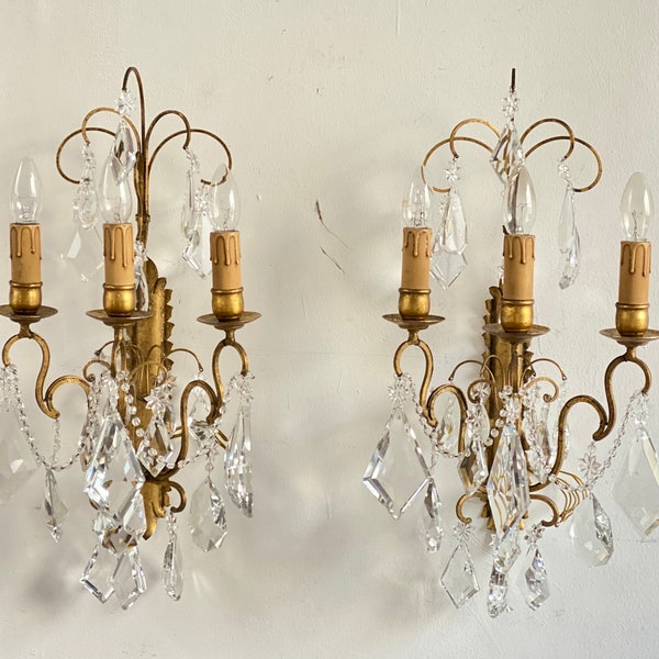 Antique Pair of 3 Lights Gilded Metal  Sconces with Crystal Drops Italian Wall Sconces Barocco Style Sconces Antique Italian Wall Lights