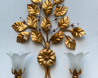 Vintage Italian Tole Gilded Wall Sconce, Hollywood Regency Lighting
