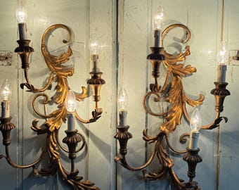 Apliques italianos de hojalata dorada, apliques de pared románticos, apliques de iluminación boho, apliques de metal dorado, lámparas estilo Hollywood Regency