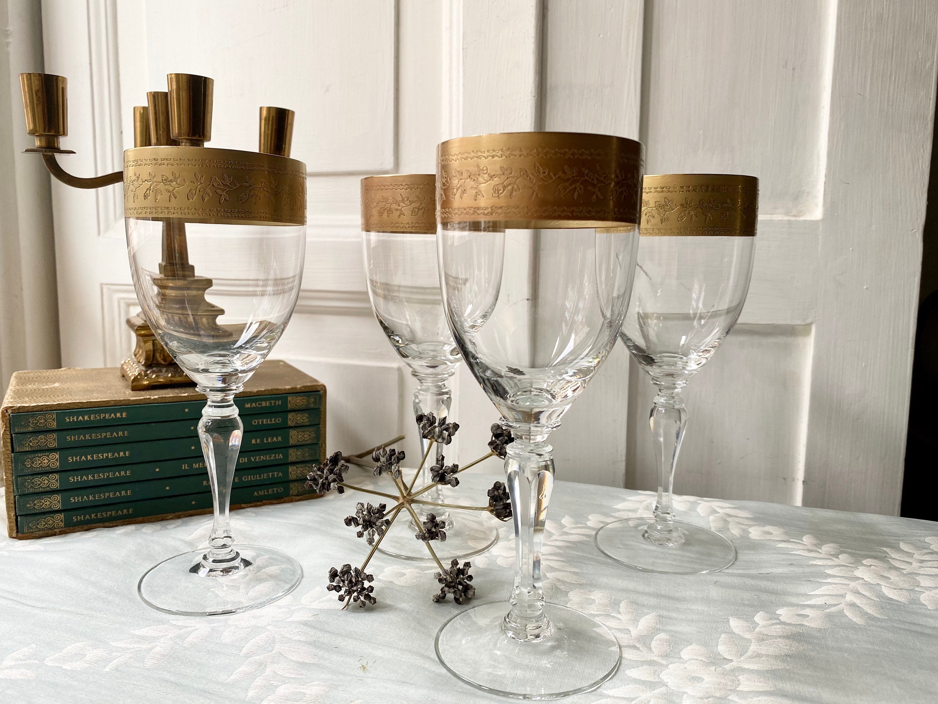 Antique Murano Wine Glasses With Gold Rim and Etched Floral
