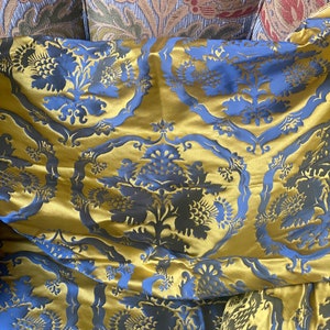 Antique Venetian Silk Fabric Blue Gold Textile Woven Silk Fabric Italian Damask Silk