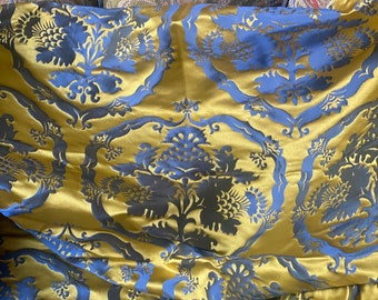 Antique Venetian Silk Fabric Blue Gold Textile Woven Silk Fabric Italian Damask Silk