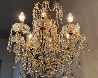 Large Antique Italian Tole Chandelier Wrought Iron Ceiling Light Antique Chandelier with Crystal Drops Florentine Chandelier