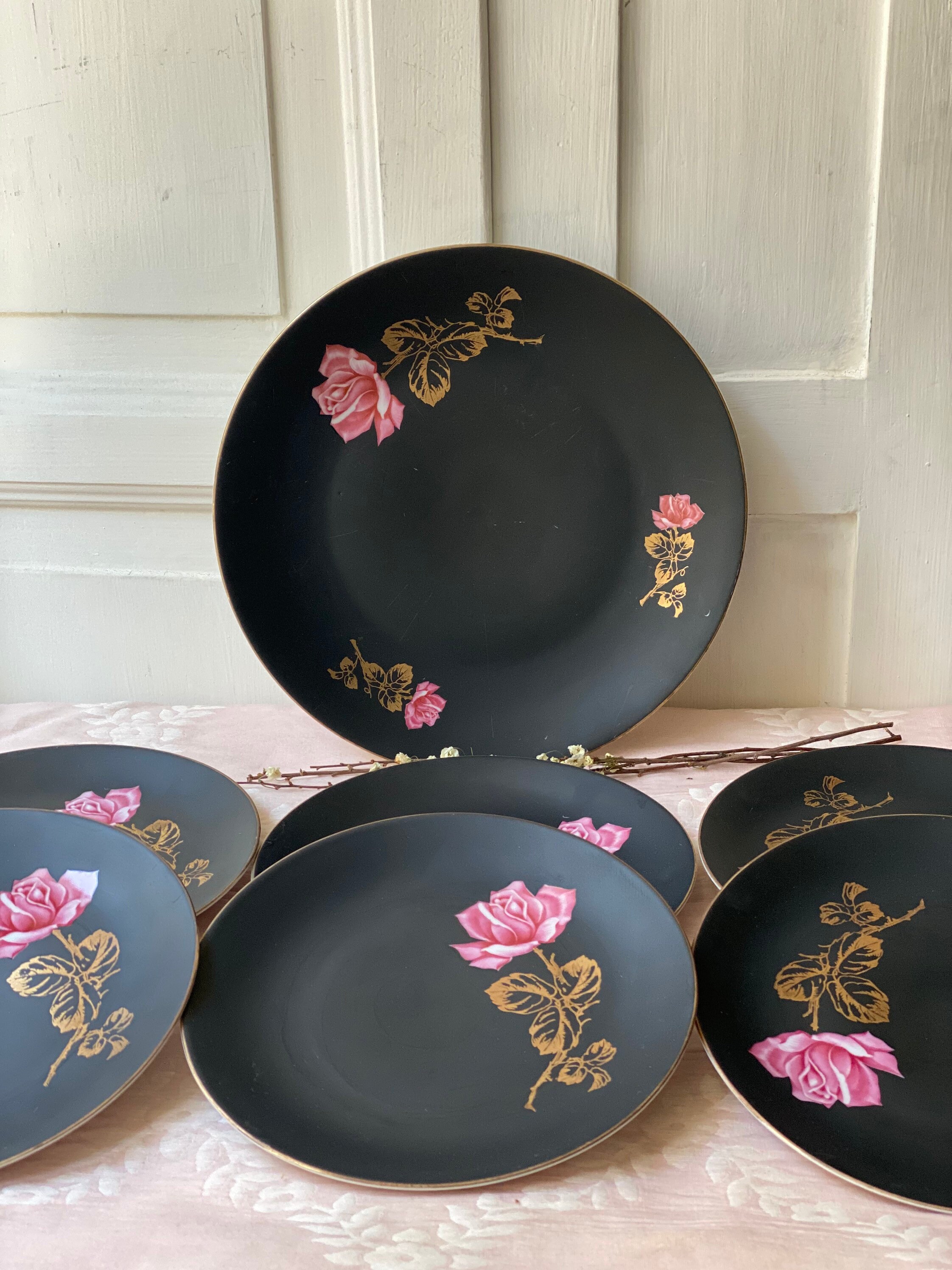 Porcelain Dessert Plates Set of 7 Black with Roses Dessert Etsy
