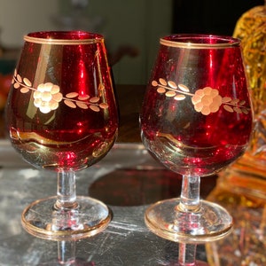 Vintage Ruby Crystal Cognac Glasses Brandy  Balloon Snifters  Luxury Barware Gift for Him