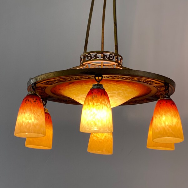 Art Deco Italian Tole Chandelier Liberty Ceiling Light Antique Chandelier with Yellow Glass Bohemian Chandelier