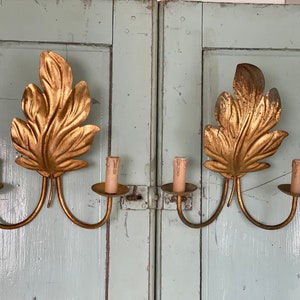 Italian Gilded Tole Sconces Romantic Wall Sconces Bohemian Lighting Pair Sconces Gild Metal Sconces Hollywood Regency Lights