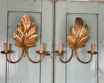 Apliques de pared italianos de Tole dorado Apliques de pared románticos Iluminación boho Apliques de pared en par Apliques de metal dorado Luces estilo Hollywood Regency