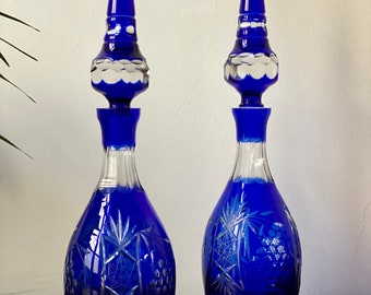 Antieke paar karaffen blauwe kristallen fles bijpassende karaf voor Cognac Whisky karaf cadeau voor hem antieke Barware