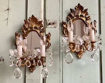Antique Pair Italian Gild Bronze Wall Sconce with Mirror Louis XVI Applique Wall Lighting Antique Bronze Sconces with Crystal Drops