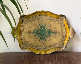 Small Florentine Tray Wood Tray Vintage Serving Tray  Green and Gold Pattern Made in Italy Shabby chic decor