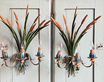 Apliques antiguos italianos de Tole, apliques dorados, apliques estilo Hollywood Regency, apliques de pared románticos, iluminación bohemia, apliques de 2 luces