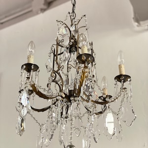 Antique Italian Tole  Chandelier with Crystal Drops Gilded Ceiling Lamp Antique Pendant Lighting Louis XV Bronze Chandelier