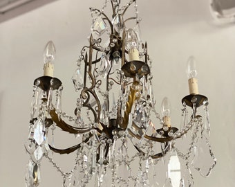 Lustre Antique en Tole, Italie, avec pampilles en cristal, plafonnier doré, luminaires suspendus anciens, Lustre Louis XV en Bronze