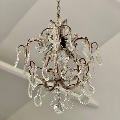 Antique Italian Cage Crystal Chandelier Tole Ceiling Light Antique Italian Cage Crystal Chandelier, Cage Chandelier With Crystal Drops