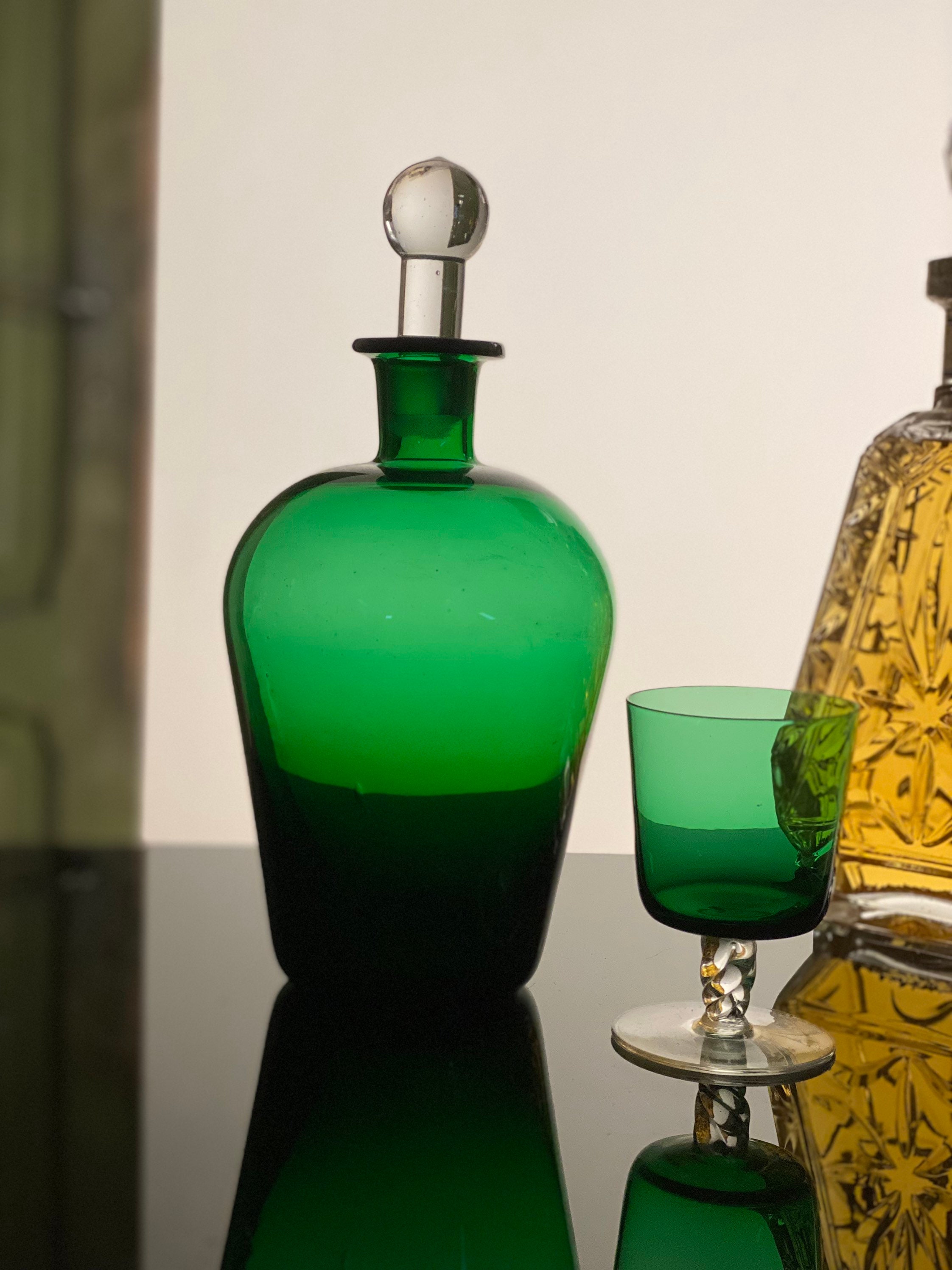 Vintage Green Murano Decanter Set Crystal Liqueur Glasses Etsy