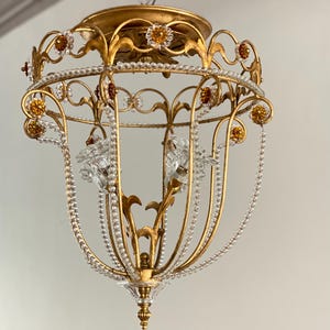 Mid Century Gold Tole Chandelier with  Flowers  Floush mounted Ceiling Light Hollywood Regency Light Romantic Chandelier Banci Chandelier