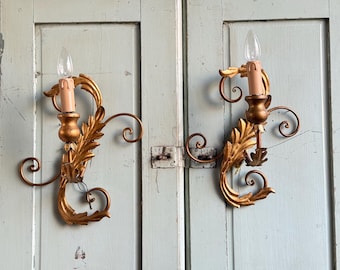 Antique Gold Tole Wall Sconces Gilded Tole Wall Lights Hollywood Regency Gilt Metal Wall Sconces Florentine Sconces Wall Lights