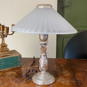 M Italian silver table lamp with  glass shade Mid century Light Hollywood regency style Lamp Vintage Table lamp Mushroom Light