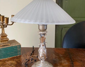 M Italian silver table lamp with  glass shade Mid century Light Hollywood regency style Lamp Vintage Table lamp Mushroom Light